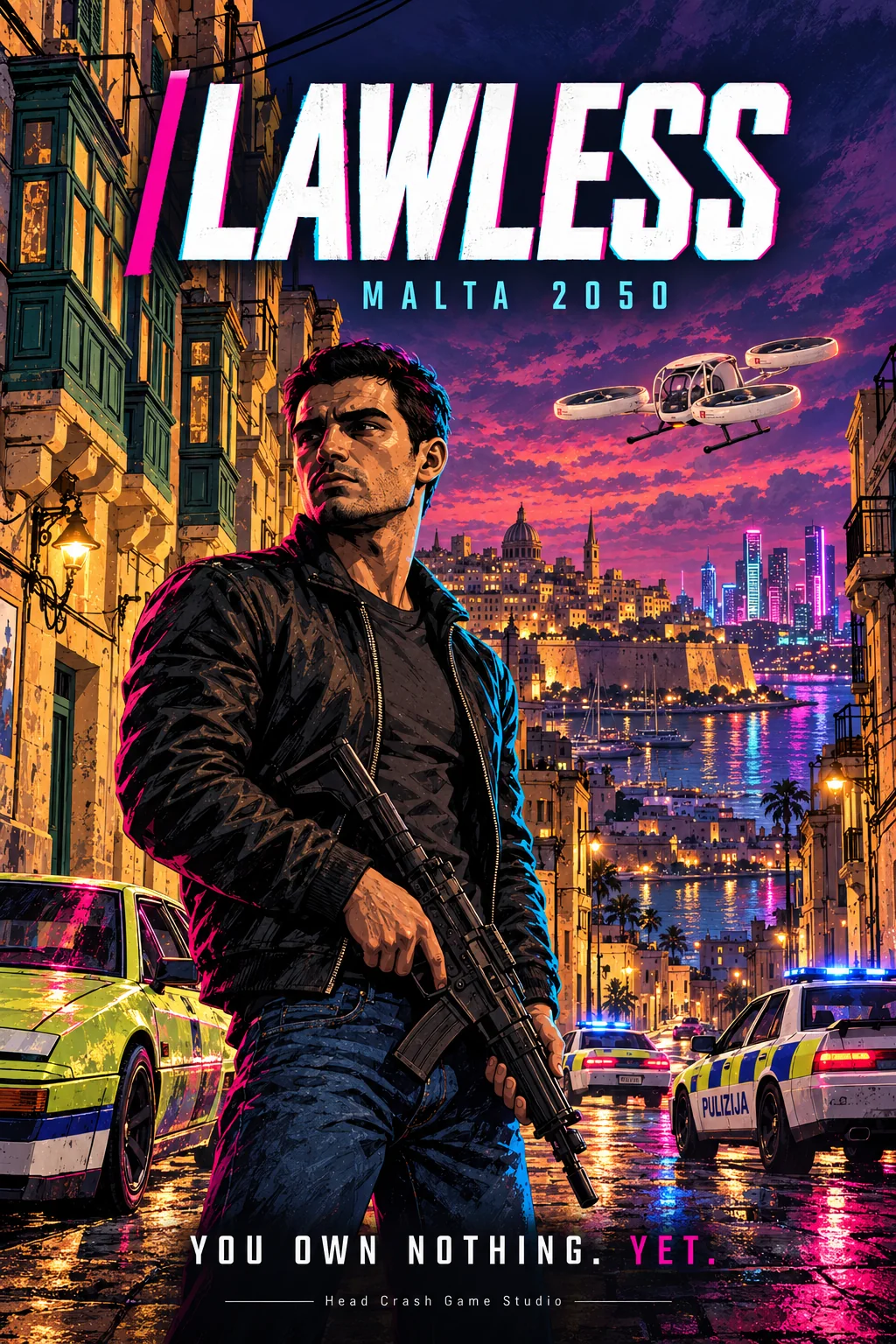 LAWLESS — Malta 2050 cover art: Matthew with a rifle on a Valletta street, police cars and the QUAD-4 overhead