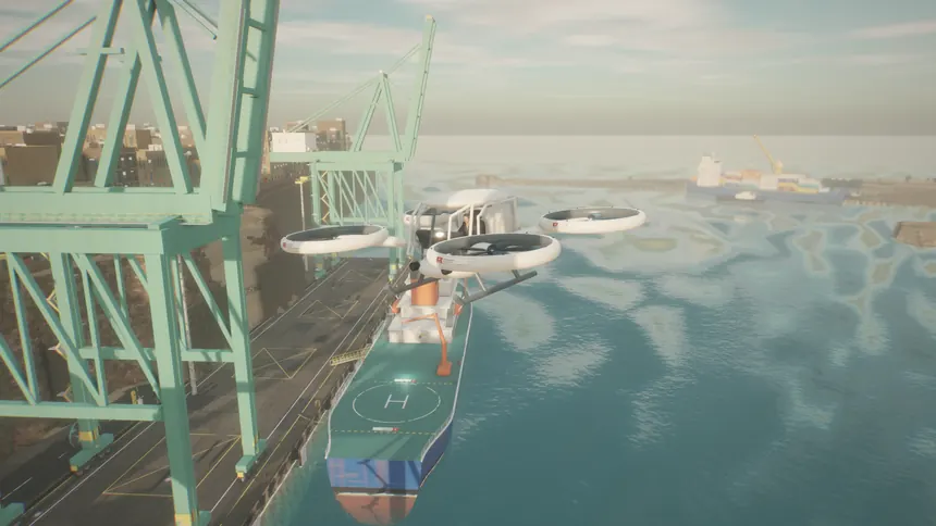 The QUAD-4 flying past the harbour cranes