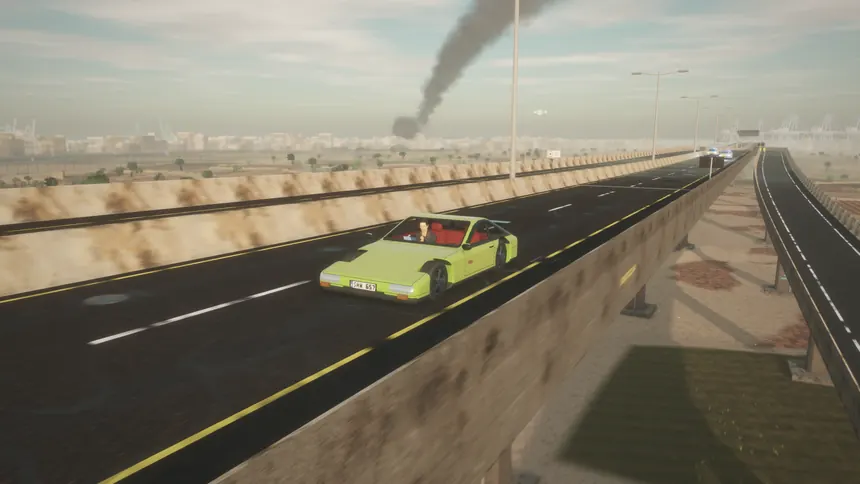 A lime sports car on the elevated A1 highway