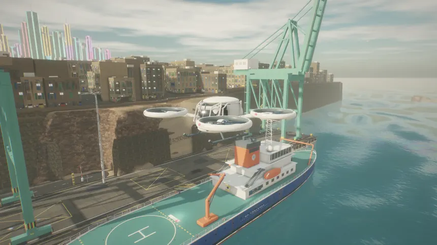 The QUAD-4 banking over the harbour in daylight