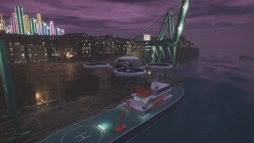 The QUAD-4 quadcopter over the research vessel Thalassa at dusk, Valletta behind