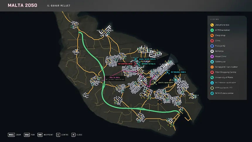 The vector map of Malta with the A1 highway