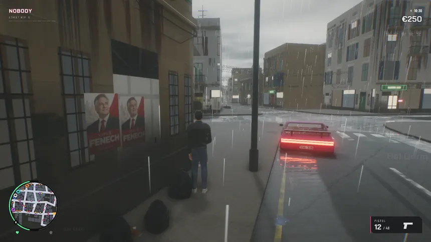 A wet street in the rain with election posters
