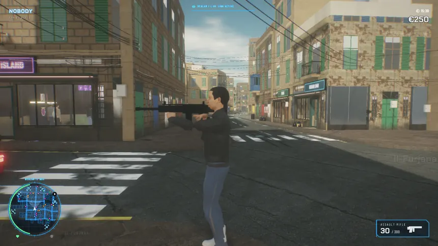 Matthew aiming a rifle on a zebra crossing