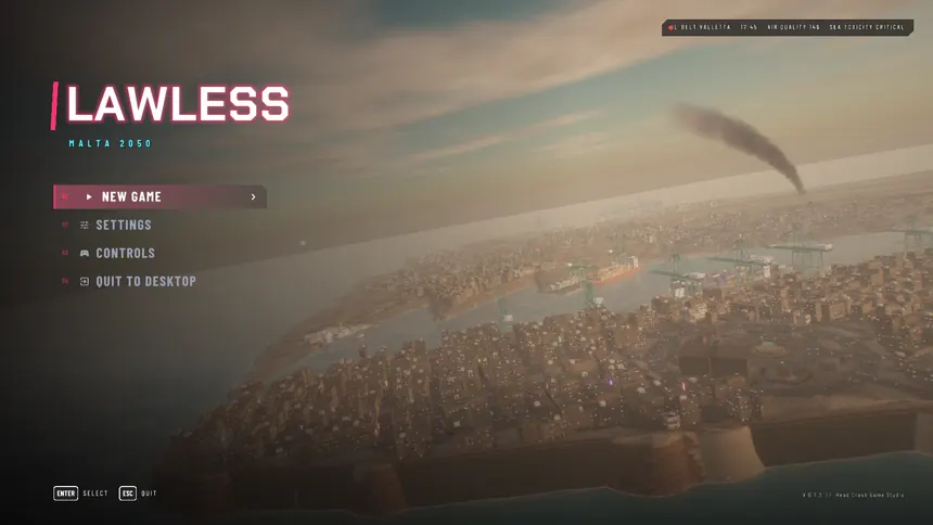 The LAWLESS title screen over a sunset flyover