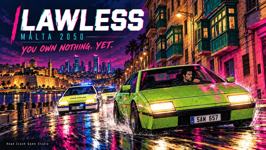Key art: Matthew's lime sports car chased by Pulizija cars along the Valletta waterfront