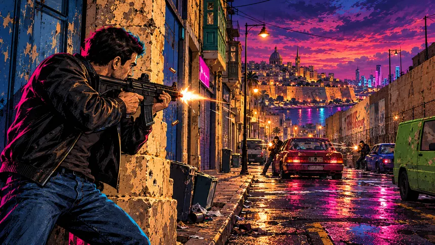 Illustration: Matthew firing a rifle from a Valletta street corner at night