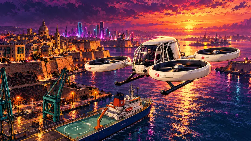 Illustration: the QUAD-4 over the research vessel at sunset, Valletta behind