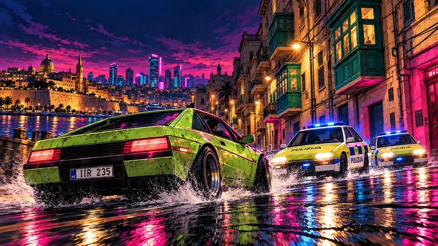 Illustration: the lime sports car splashing past a police roadblock at night